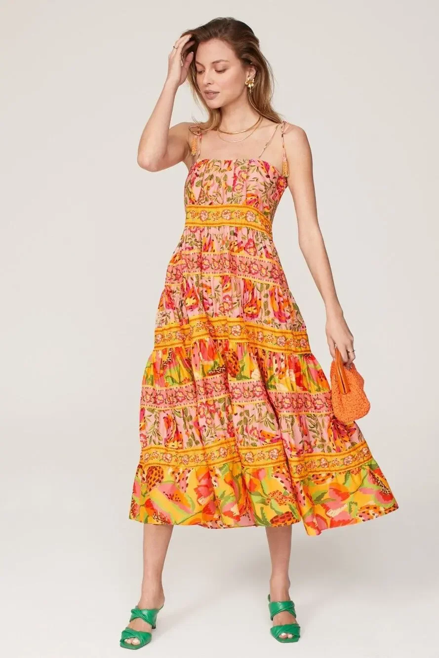 FARM RIO Mixed Fruits Floral Paradise Midi Dress ~ Small S Summer Vacation - Picture 1 of 12